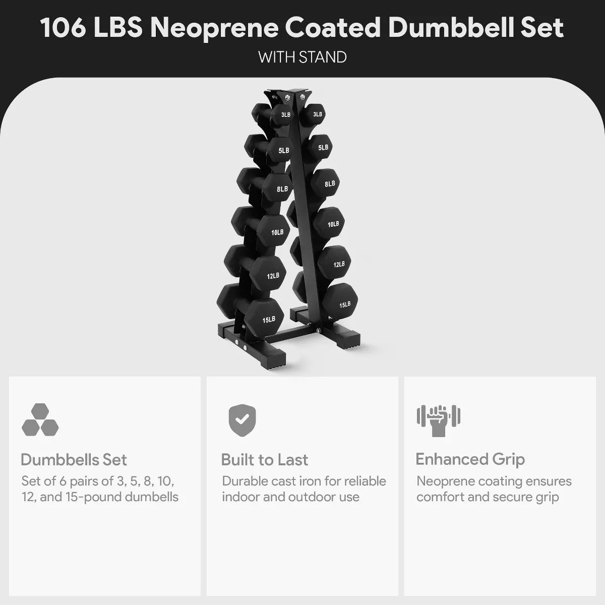 BalanceFrom Elite 110-Pound Neoprene Coated Cast Iron Dumbbell Set with Stand, Featuring 10 Pairs of 1 to 10 Pound Weights in Black