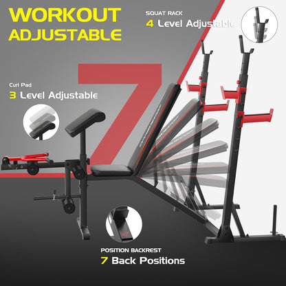 900LBS Weight Bench Set with Squat Rack Preacher Curl Weight Bench with Leg Extension Bench Press Set Workout Bench for Home Gym Full Body Workout