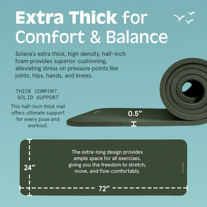 Solana Yoga Mat Thick 1/2In Non-Slip Workout Mat with Nylon Strap - 72X24In Exercise Mat for Pilates, Stretching & Fitness - BPA Free, Easy Clean